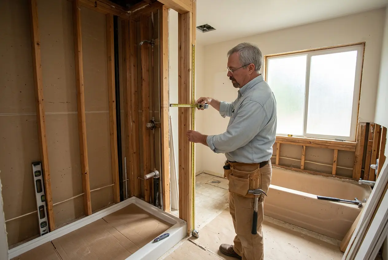 John measuring wall framing for a newly finished space