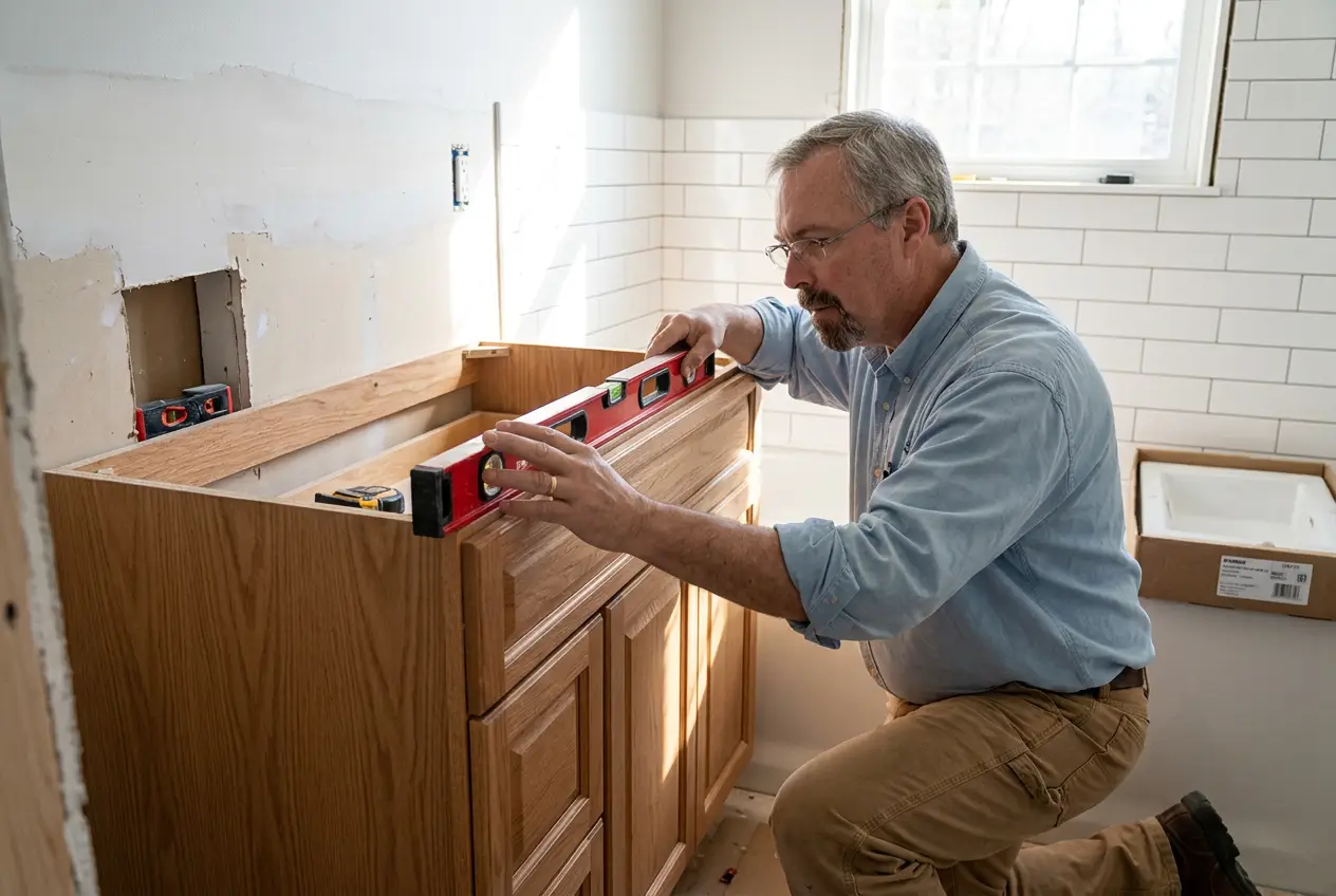 John checking a new oak bathroom vanity with a spirit level