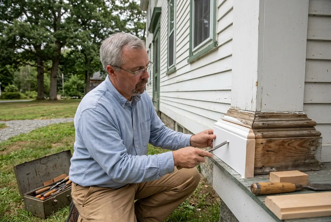 John fitting a replacement trim block on a porch column base