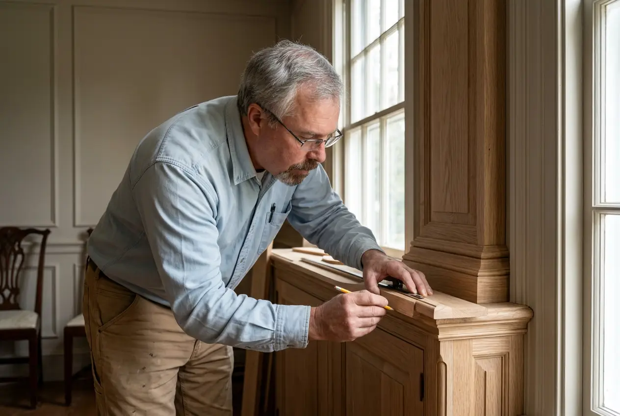 John fitting shaped oak trim to a custom built in cabinet