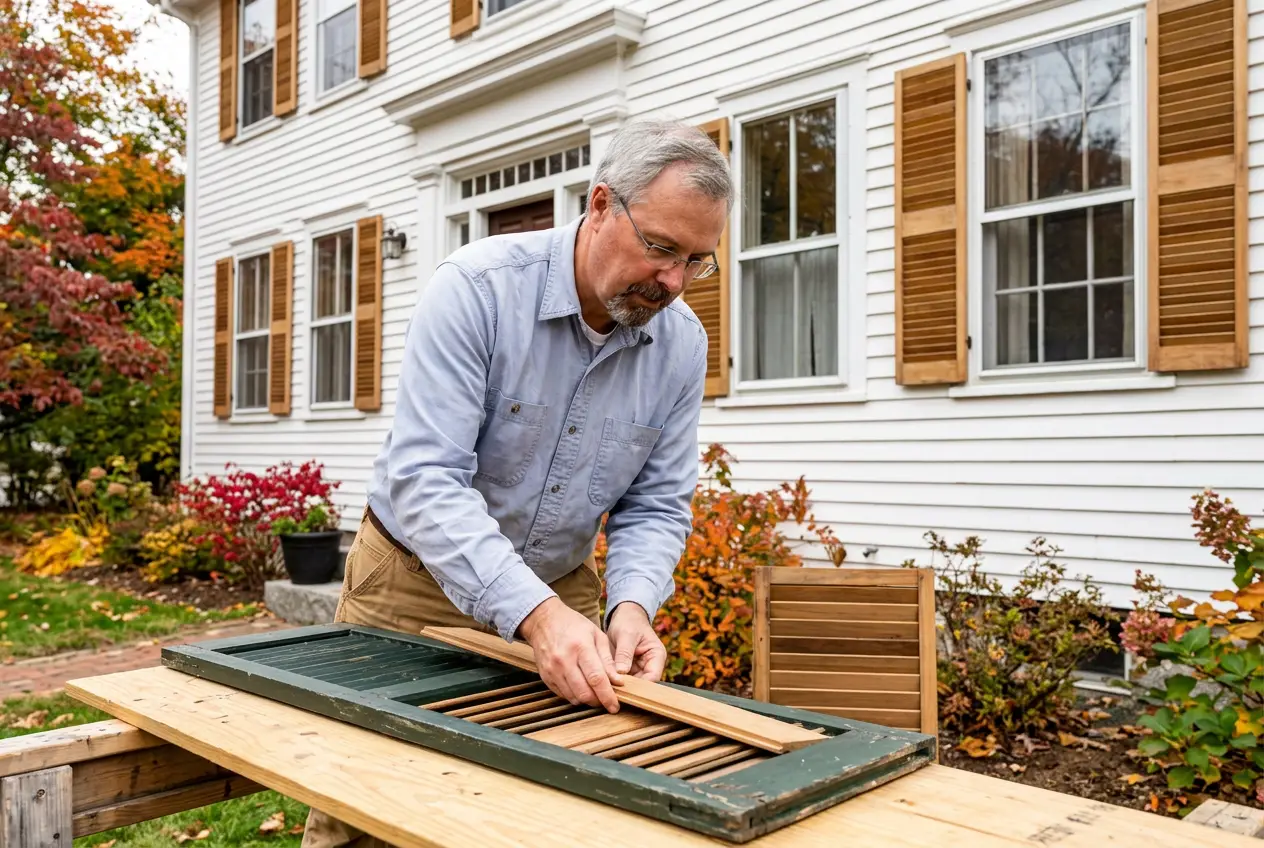 Wooden shutter being restored on a padded bench