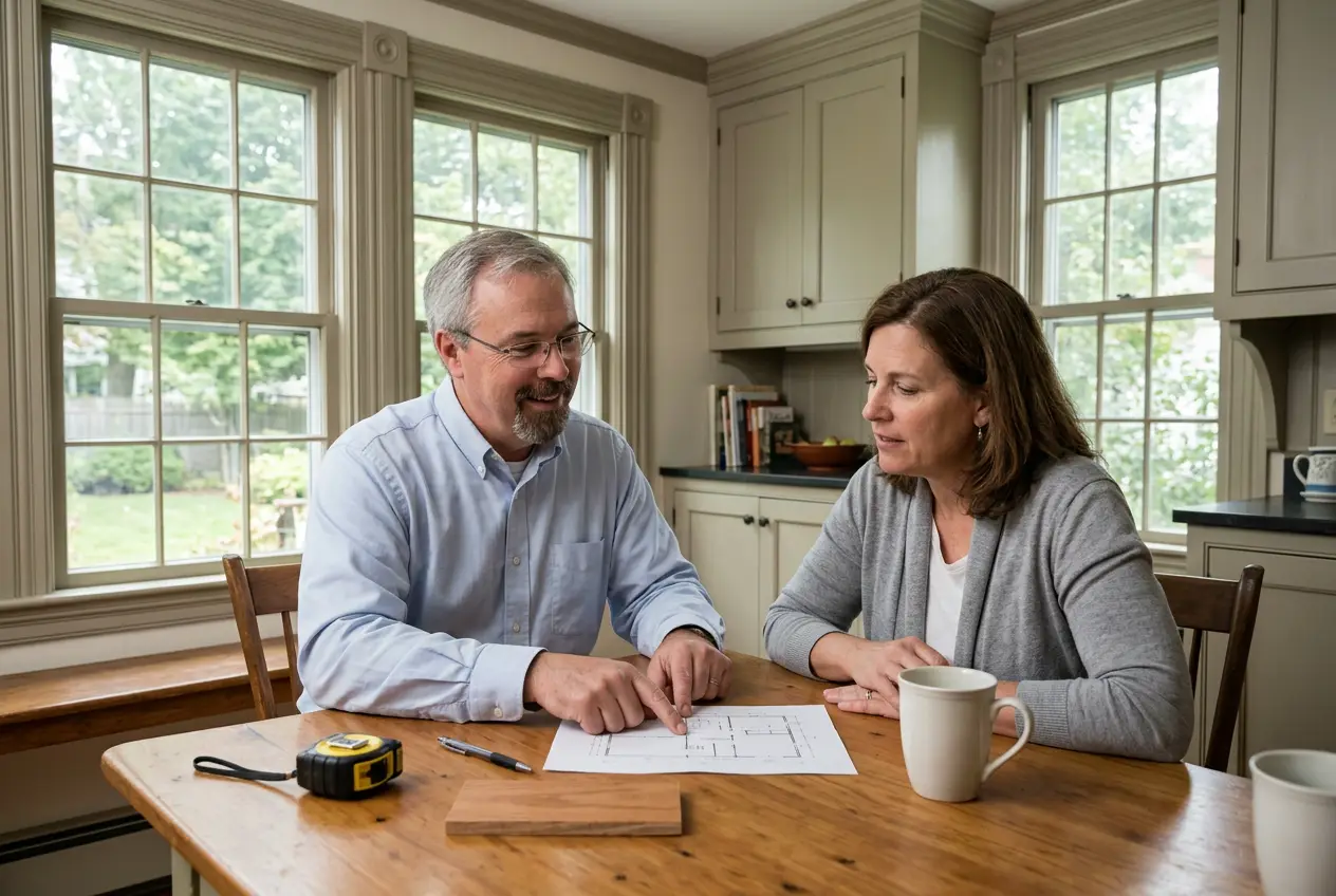 John reviewing a remodeling drawing with a homeowner at a kitchen table