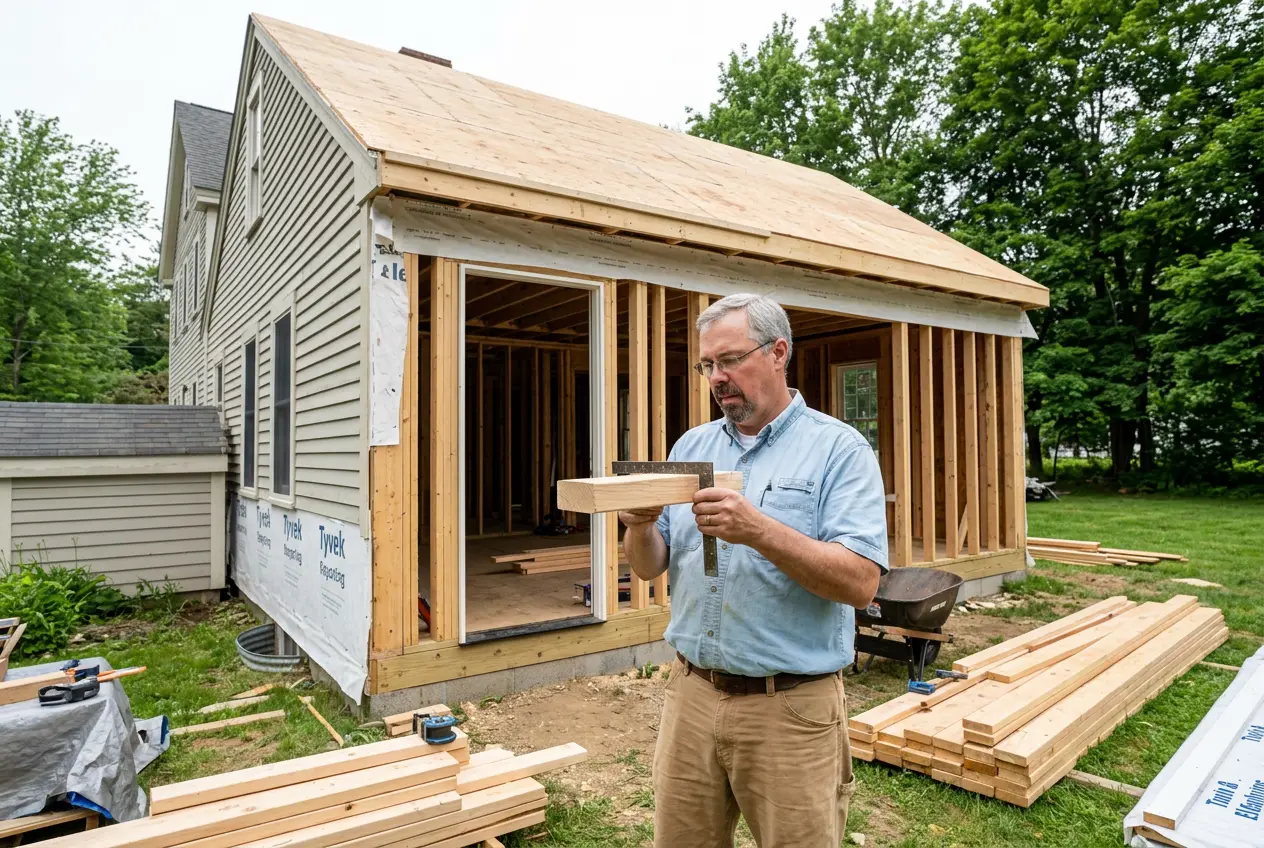 John checking a framing timber beside a new home addition
