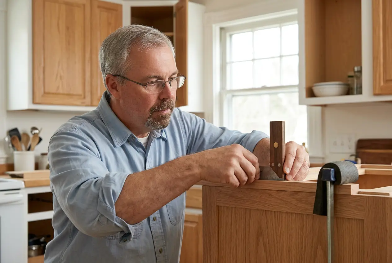 Fitting a hardwood face frame on a kitchen cabinet