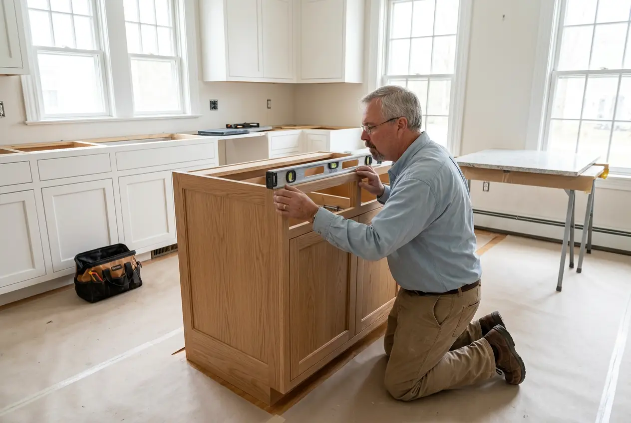 John leveling a new natural oak kitchen island during a kitchen remodel