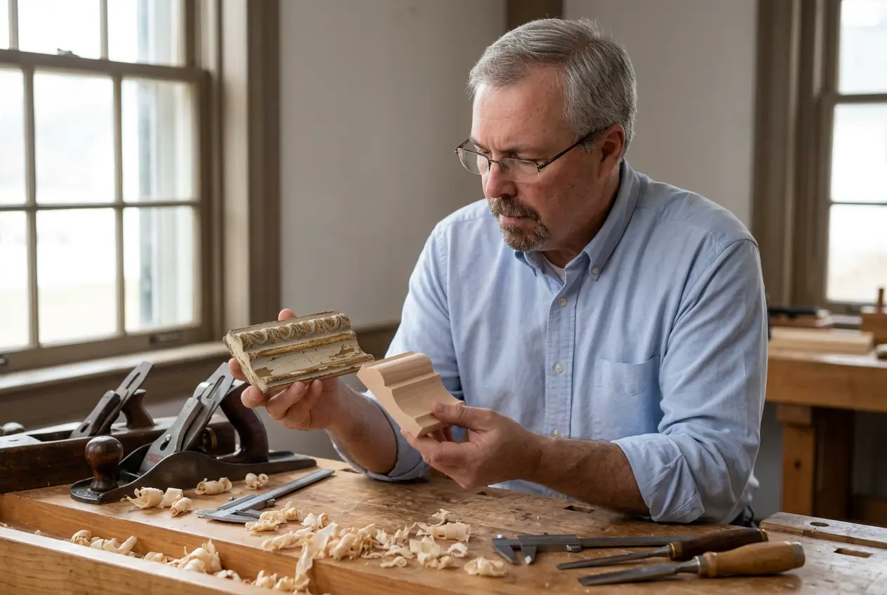 John comparing an old molding sample with newly made matching trim