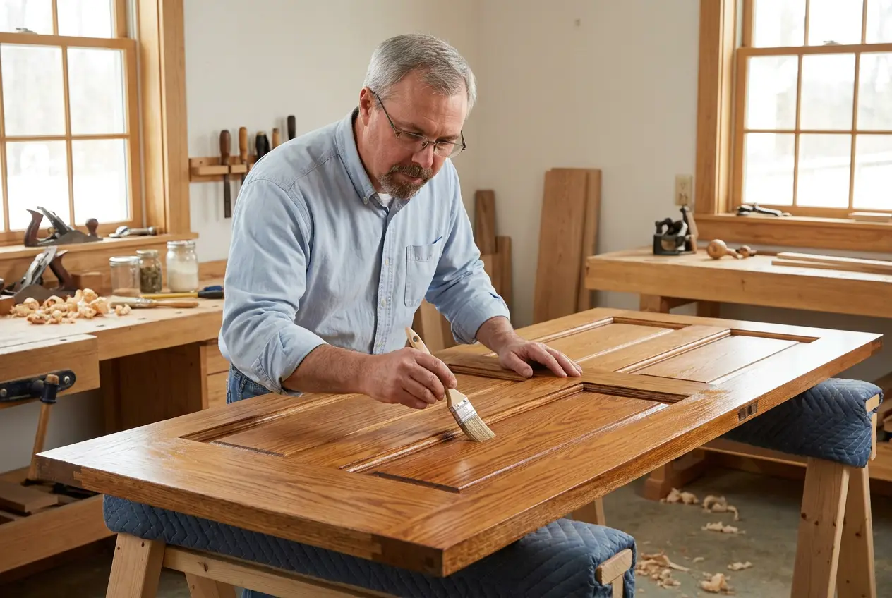 John refinishing an old solid wood front door on padded sawhorses