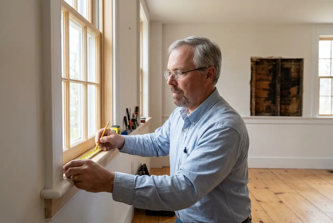John installing window casing in a restored historic home