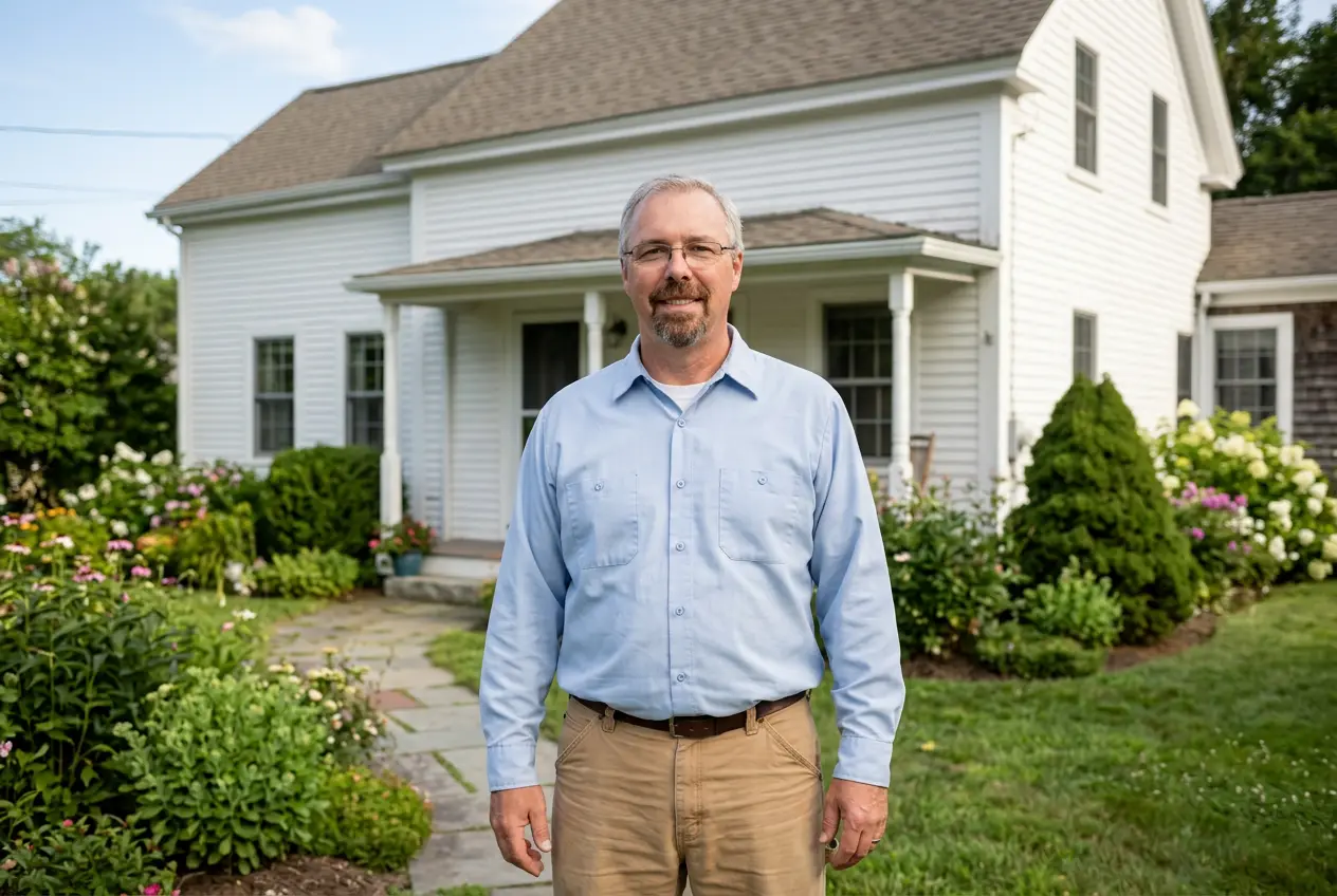 John R. Wilkins, carpenter and owner of Maine Results, Inc., outside a white clapboard home